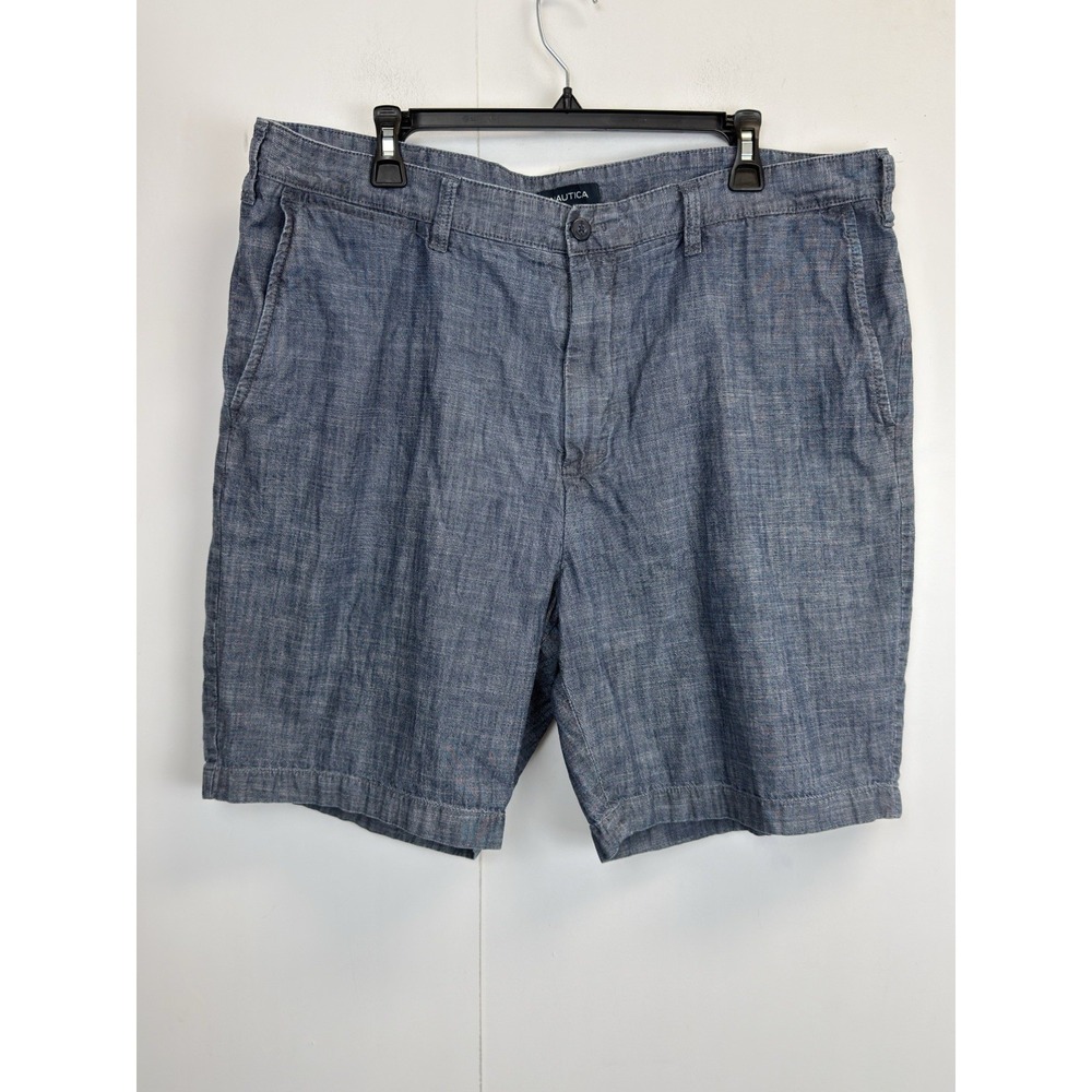 Nautica Men's  Size 40‎ Chambray Shorts Classic Fit Flat Front Indigo 8" Inseam